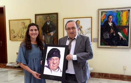 El exrector Orihuela con María Garres, la artista que hará su retrato, en la galería de Rectores  de la UMU